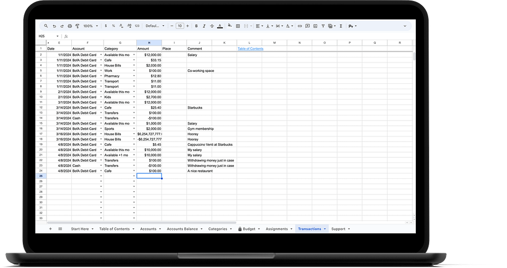 A screenshot of the Transactions sheet in a Plussios Google spreadsheet.