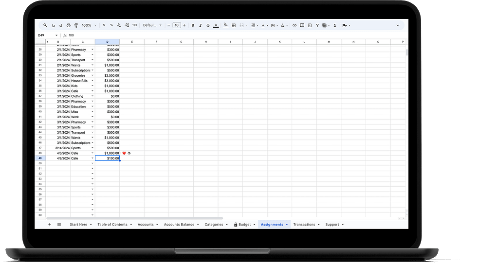 A screenshot of the Assignment sheet in a Plussios Google spreadsheet.