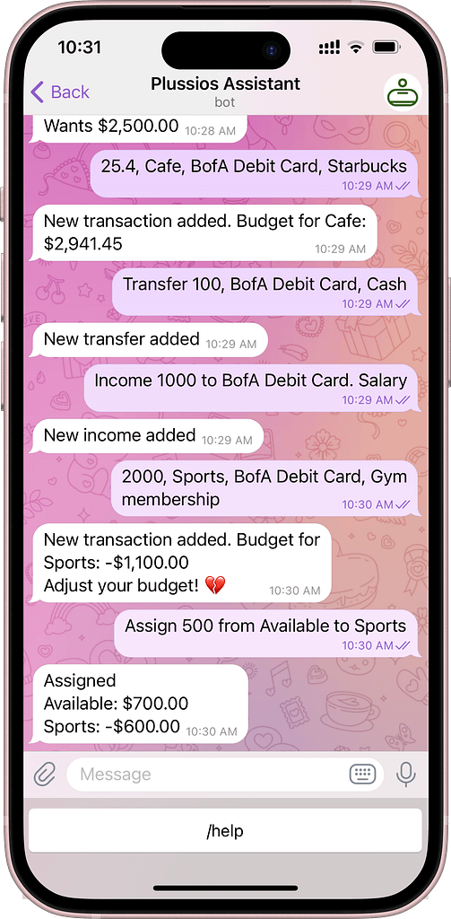 A screenshot of Plussios Telegram bot featuring adding expenses, income, transfers between accounts, and re-assigning money.