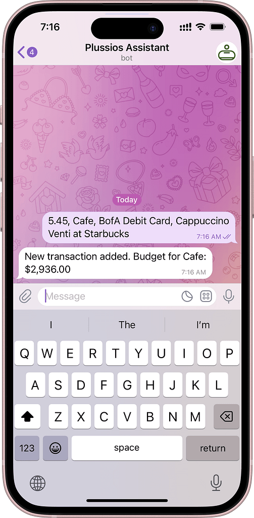 A screenshot of inputting an expense in Plussios Chat Bot in Telegram messenger