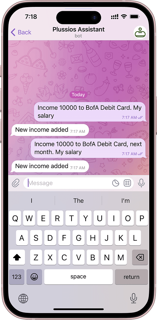 A screenshot of inputting income in Plussios Chat Bot in Telegram messenger