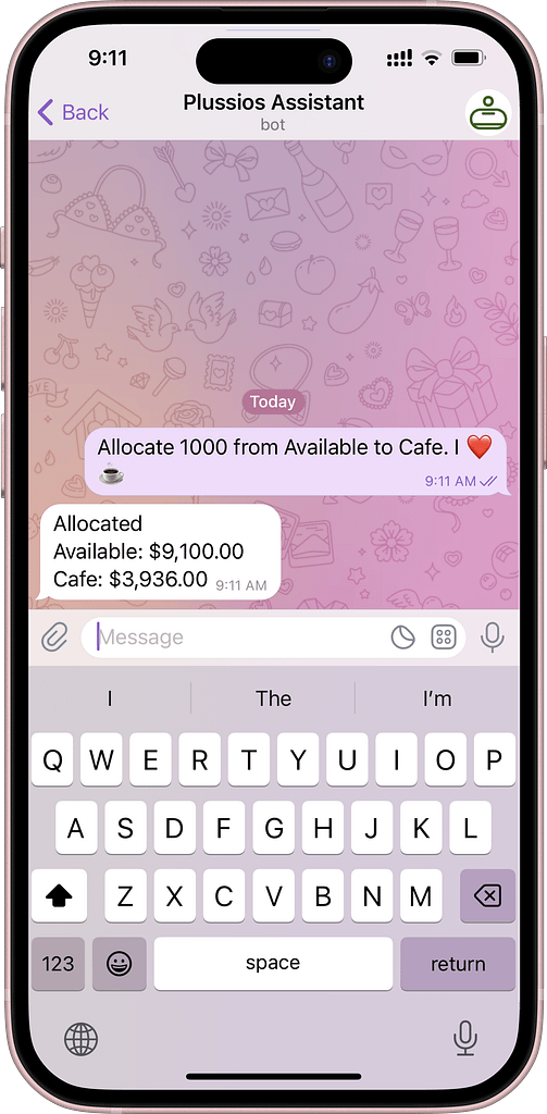 A screenshot of allocating funds in Plussios Chat Bot in Telegram messenger