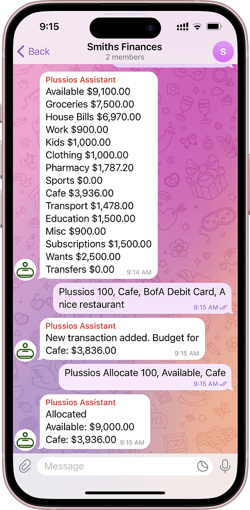 A screenshot of using Plussios Chat Bot in groups in Telegram messenger