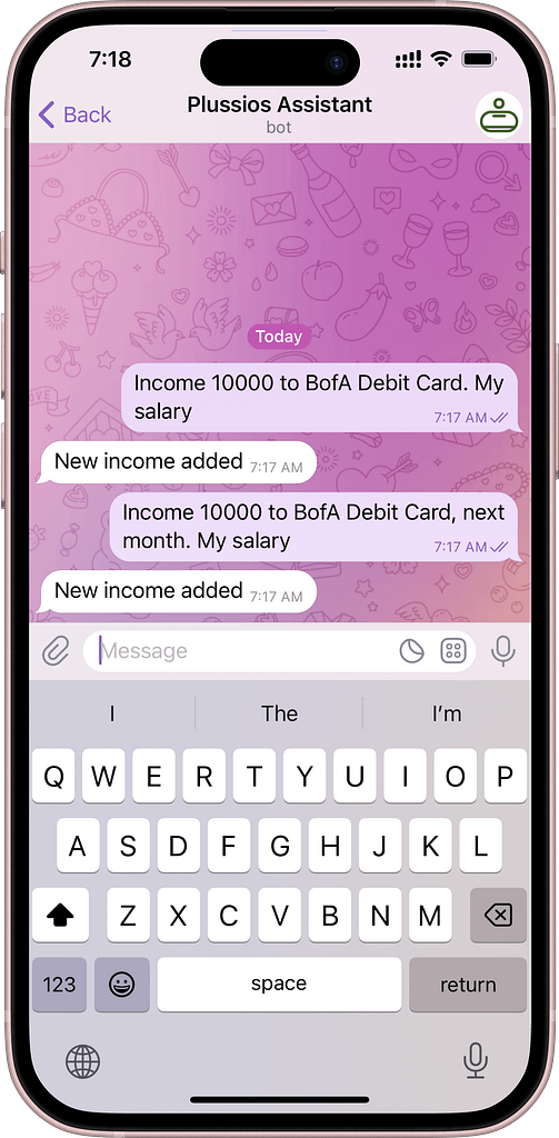 A screenshot of inputting income in Plussios Chat Bot in Telegram messenger