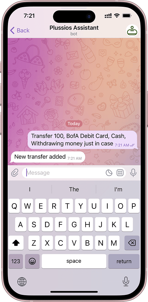 A screenshot of inputting a transfer between accounts in Plussios Chat Bot in Telegram messenger